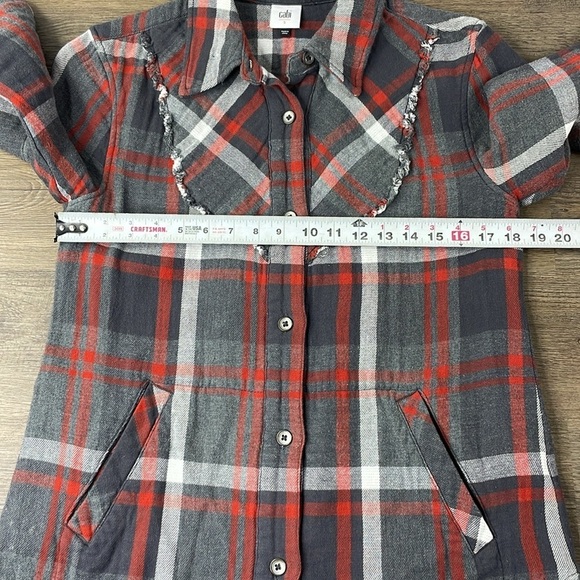 CAbi Women’s #4164 Plaid Tavern Shirt Ruffle Jacket in Gray Red White, sz SM - Picture 12 of 12